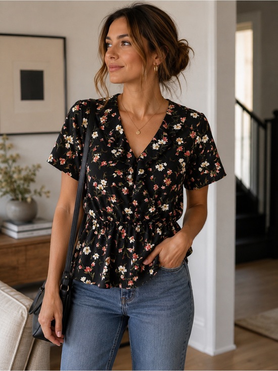Tops - Pleione Black Floral Ruffle Peplum Top Size M